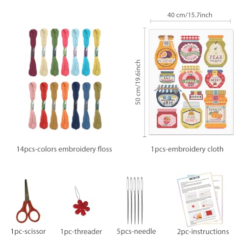 Image of FREEBLOSS 11CT Stamped Cross Stitch Kits Jam Pot Cross Stitch Ornament Kits with Instructions Embroidery Needlepoint Kit for Wall Hanging Home Decor 15.7x19.7inch