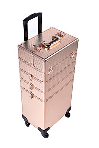 Rolling Train Case 4-in-1 Portable Makeup Train Case Professional Cosmetic Organizer Makeup Traveling case Trolley Cart Trunk(Rose Gold)