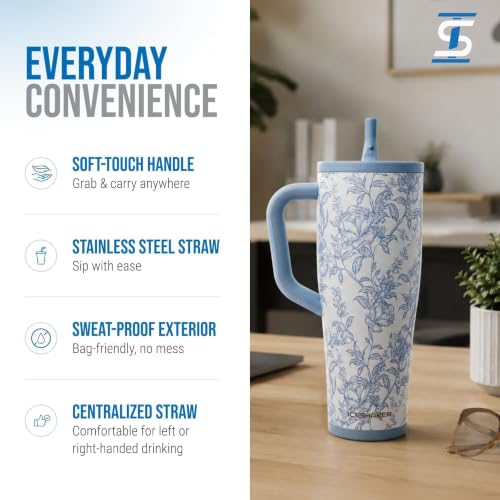 Image of Ice Shaker 40 oz Tumbler with Handle and Straw | 40oz Bleu Toile| Cold for 30+ Hours | 2-in-1 Tumbler Shaker Bottle | Odor-Free 40 ounce Bottle for Water, Protein Shakes, Smoothies, Cocktails