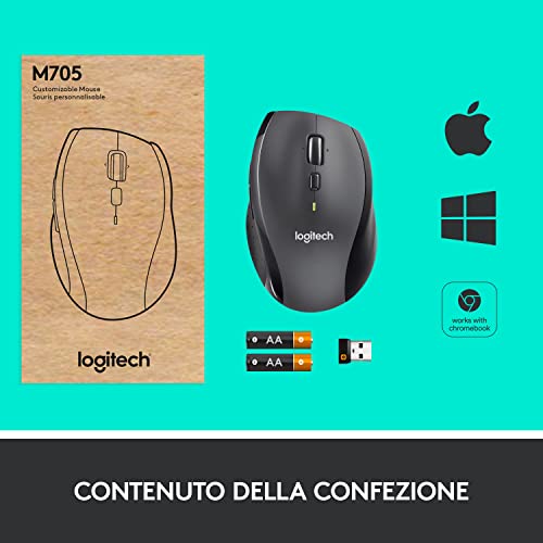 Logitech M705 Marathon Mouse Wireless, Ricevitore USB Unifying 2,4 GHz, 1000 DPI, 5 Pulsanti Programmabili, Durata Batteria di 3 Anni, Compatibile con PC, Mac, Laptop, Chromebook - Grigio