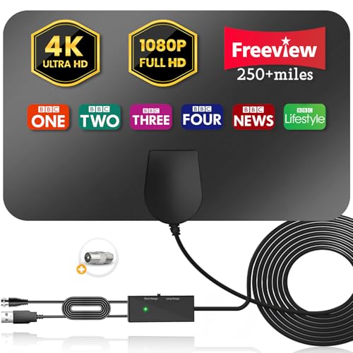 Indoor Aerial for Smart TV, Digital TV Aerial with 360° Reception Amplifier, 300+ Miles Range, Freeview Channels Compatible