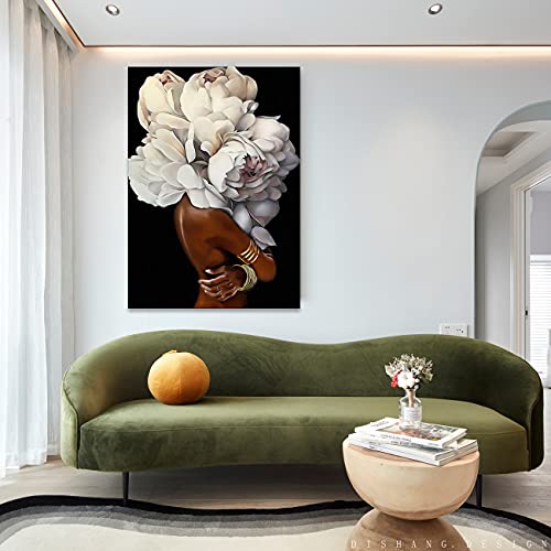 African American Wall Art White Flower On Black Women Head Vintage Canvas Art Paintings Modern Abstract Girl Picture Home Wall Decor For Bedroom Living Room Framed Ready To Hang (White, 16X24Inch) #TOP4