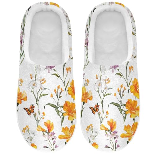 JUNZAN Aesthetic Freesia White Cotton Slippers for Men Winter Memory Foam Bedroom Slippers for Indoor Birthday Presents 6-7