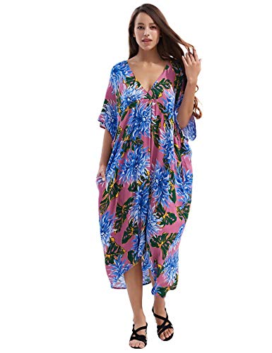 Short Sleeve Maxi Dresses for Women Long Floral Kaftan Loose Nightgown(Plum,L)