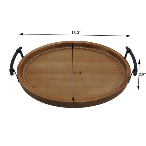 Oval Rustic Wooden Decorative Tray, Serving Tray with Metal Handles, Ottoman Coffee Table Tray, Farmhouse Centerpiece for Kitchen or Living Room (Brown)