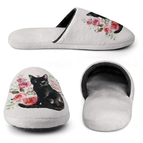 Black Cat And Flowers Men's Slipper Non Slip Comfortable Winter Warm Home House Shoes Indoor Slippers3