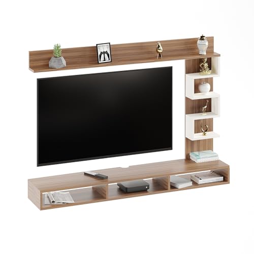 Image of FURNEASER Dettlet Modern Engineered Wood Wall Mounted TV Entertainment Unit for 43 inch TV | Floating TV Cabinet with Open Storage Shelves Racks for Set Top Box, Books & Decor (Exotic Teak & White)