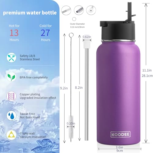 Image of Koodee 32 oz Water Bottle with Wide Handle Straw Lid, Vacuum Insulated 18 /8 Stainless Steel Wide Mouth Flask (Purple)