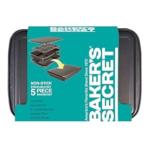Bakers secret bakeware sets stackable baking set of 5 bakeware pans bakeware set baking pan set muffin pan roaster pan square pan cookie sheet loaf pan dishwasher safe pfoa pfos ptfe free  urban country home decor