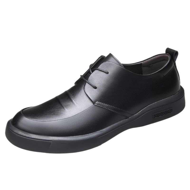 Men's British Business Dress Shoes Fashion Black Slip-on Rubber Casual Round Toe Leather Shoes Wear-Resistant Comfortable Soft Sole Flat Heel Shoes for Men