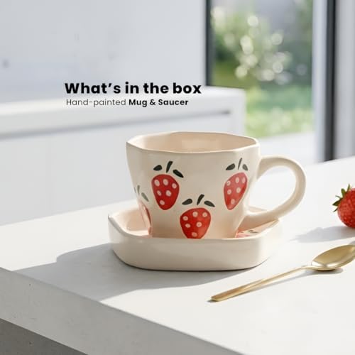 Image of Handcrafted Strawberry Ceramic Mug and Saucer Set, Coffee Mugs & Cups, Coffee Cup and Saucer Set, Ceramic Mugs,250ML