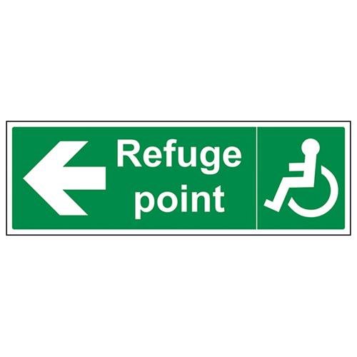 V Safety Refuge Point Arrow Left Fire Assembly Sign - 450mm x 150mm - Self Adhesive Vinyl