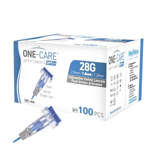 ONE-CARE Opti+ Adjustable Safety Lancets, 28G x 3 Depth Settings (1.3 I 1.8 I 2.3mm), Sterile, 100/bx