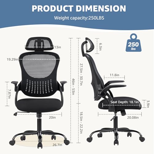 Image of DUMOS Ergonomic Office Chair - High Back Mesh Computer Chair with Lumbar Support, Headrest, Flip-up Arms, and Swivel Wheels - Comfortable Gaming & Desk Chair for Home Bedroom Office,Black