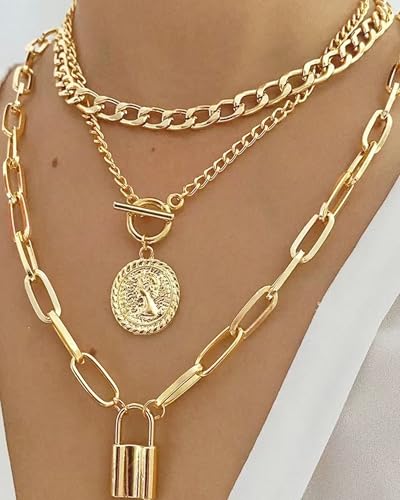 3 Pcs Chunky Gold Layered Necklaces Stackable Multilayer Link Chain Collar Punk Style Paperclip Chain Toggle Clasp Choker Gold Coin Lock Pendant Necklace Trendy Jewelry Gifts3