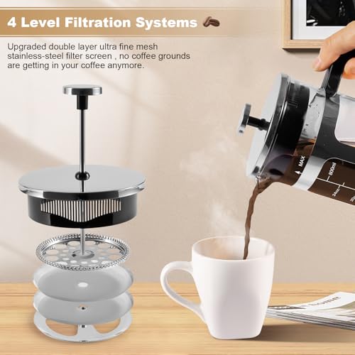 French Press Coffee Tea Maker, Upgrade Heat Cold Resistant Thickened Glass with 4 Level Stainless Steel Filtration System Brew Coffee & Tea, BPA Free, Large 1000ml 34oz (Silver) by RealPero - Used condition - Image 3