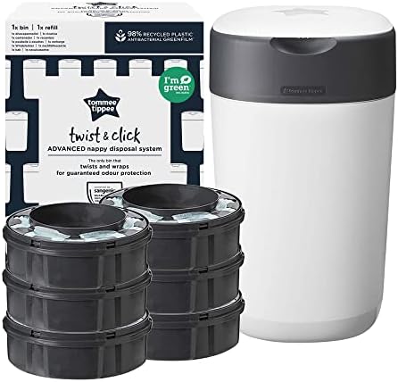 Tommee Tippee Twist and Click Advanced Nappy Bin Starter Set, Eco-Friendlier System with 6x Refill Cassettes with Sustainably Sourced Antibacterial GREENFILM, White