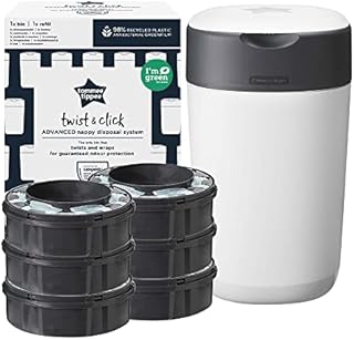 Tommee Tippee Twist and Click Advanced Nappy Bin Starter Set, Eco-Friendlier System with 6x Refill Cassettes with Sustainably Sourced Antibacterial GREENFILM, White
