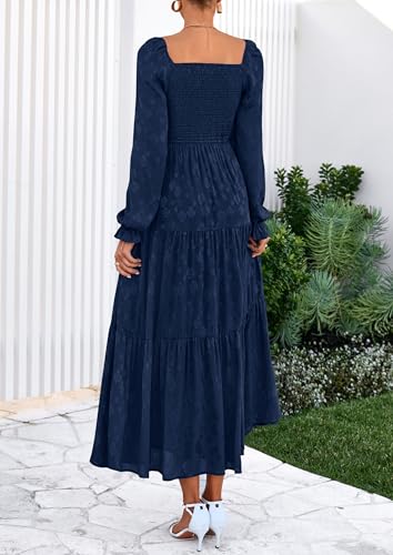 PRETTYGARDEN Wedding Guest Dresses for Women Floral Long Sleeve Smocked Tiered Elegant Long Flowy Boho Dress (Navy Blue,X-Large) — view 6