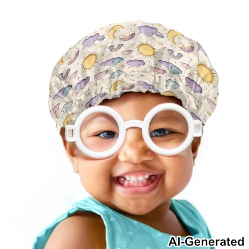 Image of Kids Hair Cover Elastic Satin Bonnet Sleep Cap for Boys Girls Beanie Hat with Adjustable Band for Night Sleeping Headwear for Toddler Children Baby, Rainbow Cloud Sun Printed