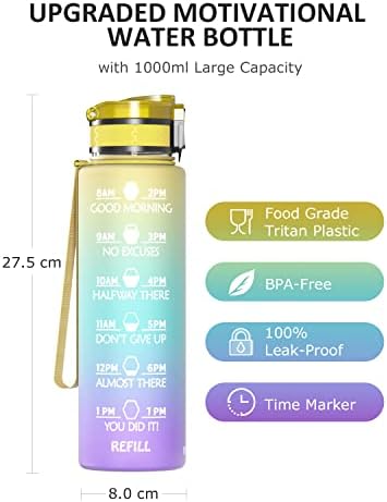 Nukoi Sports Water Bottle, 1000ml Motivational Tritan Drinking Bottle for Gym, with Filter & Cleaning Brush, BPA Free, Exclusive Open-Window Packaging, Birthday Gift - Yellow/Purple Gradient