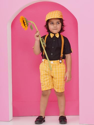 Image of AJ DEZINES Kids Clothing Cotton Blend Checkered Printed Shirt Shorts With Cap and Suspenders Set for Boys
