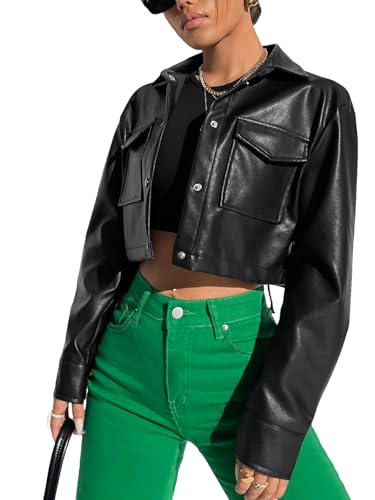 Verdusa Women's Button Up Long Sleeve PU Leather Crop Jacket Outerwear with Pockets