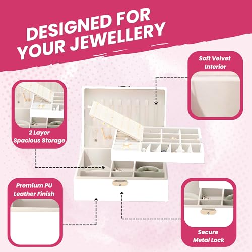 Image of OCEANEVO Jewellery Organiser Box WITH Makeup Sponge, Jwell Organizer Storage Box with Lock, Earrings, Necklace Organizer for Women - 23 x 17 x 8.5 Cm - White - 1 Year Warranty