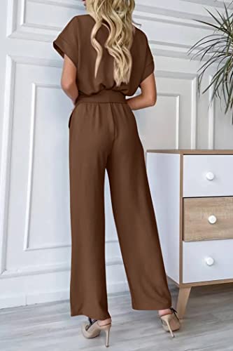 PRETTYGARDEN Women's Summer One Piece Jumpsuits Belted Short Sleeve Wrap V Neck Fashion Dressy Casual Wide Leg Pants Romper