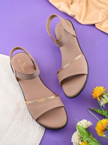 Image of XE Looks Women's Metallic Accent Open Toe Sandals with Elastic Back Strap | Soft Cushioned Footbed | Lightweight Flexible Sole | Comfortable Casual Footwear for Girls & Women