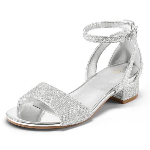 K KomForme Girls Sandals Low Chunky Heels Dress Pumps Ankle Strap Open Toe Flower Wedding Party Dress Shoes for Toddler/Little Kid/Big Kid