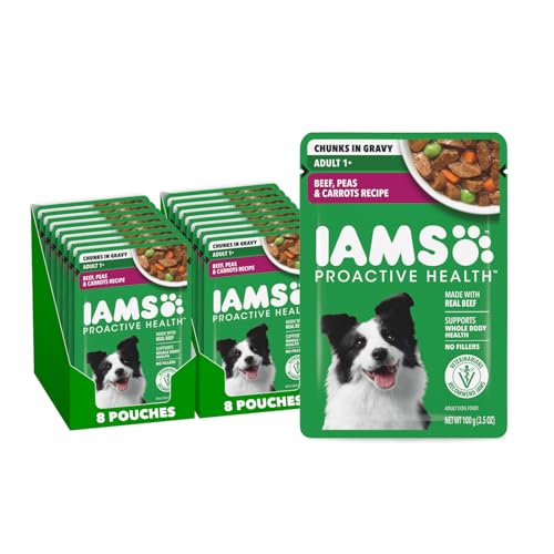 IAMS Proactive Health Adult Wet Dog Food, Beef, Peas and Carrots Recipe, 3.5 oz. Pouch (16 Count, Pack of 1)