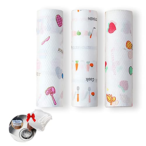 OWYELO Paño de Limpieza de Trapo Desechable por la Cocina para Quitar la Toalla no Tejida Aceitosa, 3 Rollos Alrededor de 150 Hojas, con 30 Bolsa de Filtro Desechable para Fregaderos Cover