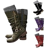 Knee High Boots for Women Wide Calf,Mid Calf Sweater Knitted Ruched Cuff Snow Boots Fashion Side Zipper Vintage Winter Booties Low Heel Motorcycle Riding Round Toe Comfortable Tall Boot,green
