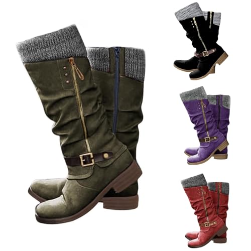 Knee High Boots for Women Wide Calf,Mid Calf Sweater Knitted Ruched Cuff Snow Boots Fashion Side Zipper Vintage Winter Booties Low Heel Motorcycle Riding Round Toe Comfortable Tall Boot,green
