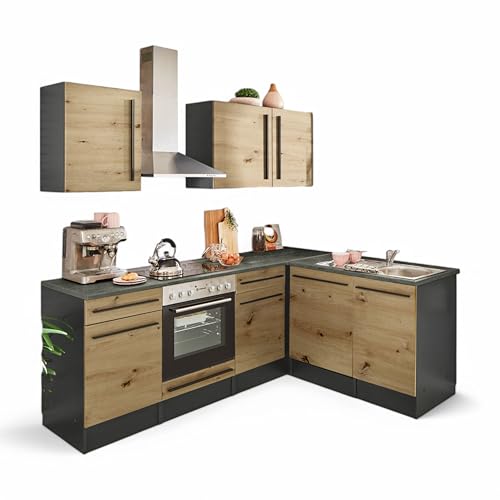 Stella Trading Jazz 8 Moderne Eckküche mit Elektrogeräten in Anthrazit, Artisan Eiche Optik -...