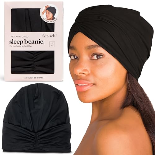Kitsch Satin Lined Beanie - Softer than Silk Beanie For Sleeping Women, Breathable Hair Cover for Sleeping, Slouchy Beanies, Bonnets for Women, Hair Wrap, Reduce Breakage for Frizz-free Hairs - Black
