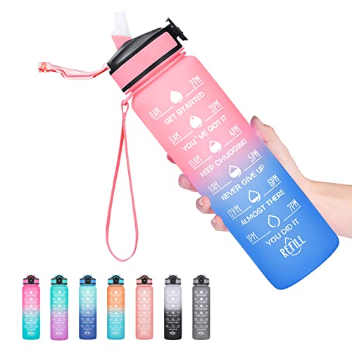 Image of HYETA 32 OZ Water Bottle with Times to Drink and Straw, Motivational Time Marker Water Bottles with Strap, Leakproof & BPA Free, 1 Liter Reusable Sports Water Bottle for Fitness, Gym & Outdoors, Pink-Blue