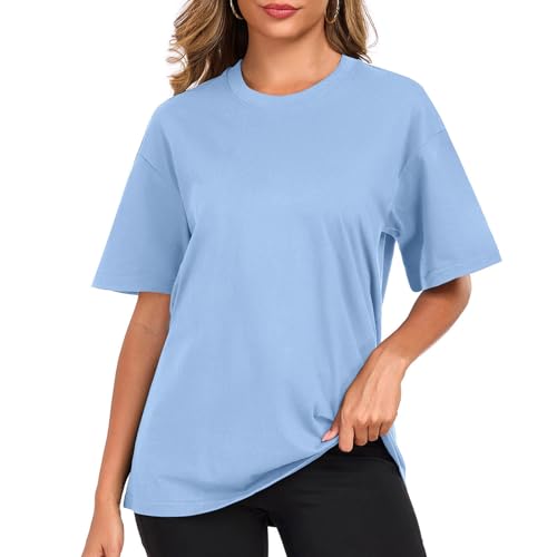 Womens Oversized Cotton T Shirts Crewneck Short Sleeve Tops Heavyweight Casual Loose Fit Drop Shoulder Fashion Tees Light Blue
