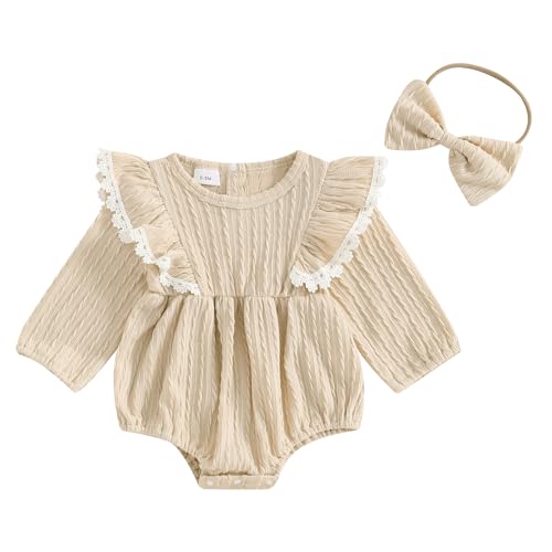 Douhoow Baby Girl Sweatshirt Romper Infant Baby Knit Romper Ruffle Festival Clothes Fall Winter Outfits with Headband (Beige, 6-12 Months)