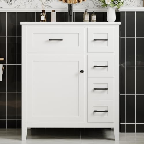 Merax Mueble de baño con lavabo, lacado, Cuatro cajones silenciosos, cajones plegables, estantes para puertas, tiradores negros para baño familiar, lavabo, blanco/ 76x46x90 cm