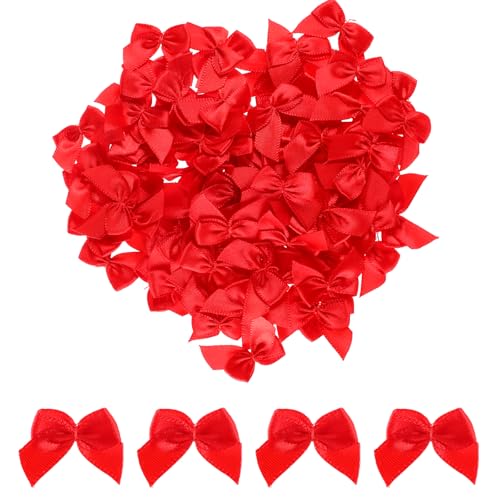 AOZUO Lot de 100 petits nœuds en ruban de satin rouge pré-noués pour travaux manuels, couture, scrapbooking, cadeaux mariage, Noël, décoration...