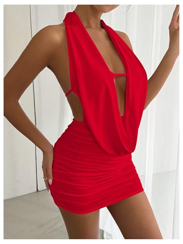 Image of SOLY HUX Women's Sexy Deep V Neck Halter Bodycon Mini Dress Sleeveless Party Club Dresses