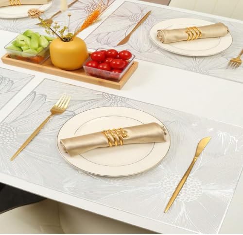 Image of HomeCloud Rectangular Waterproof Dining Table Placemats | Strong & Easy-Clean Table Mat for Dining, Center & Bedside Table | Protects from Spills, Heat & Scratches (Two Flower Silver, Set of 6)