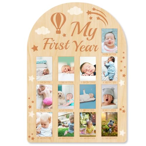 Image of ORIGACH My First Year Baby Growth Photo Display Wood Board - 12 Months Newborn Milestones Picture Frame - Neutral Baby Keepsake Board 1st Birthday Party Nursery Decor New Mom Gift - Hot Air Balloon