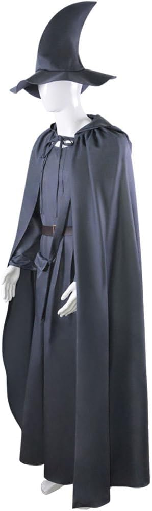 Adult Men Costume Cloak Hat Grey Wizard Cosplay Hooded Robe with Belt and Bag Halloween Full Set