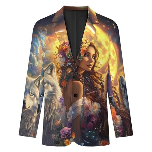 Woman With Wolf Men's Suits Business Formal Suit Dress Print Jackets Casual Wedding Party Coat4