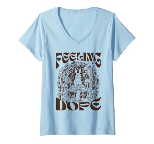 Women's Psychedelic Bunny Mushroom Stoner Babe 420 Feeling A Dope V-Neck T-Shirt