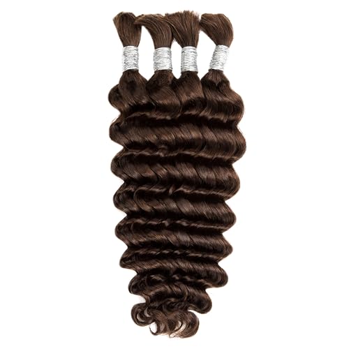 Human Braiding Hair for Boho Braids 14 inches Human Hair for Braiding No Weft Deep Wave 4 Bundles/Pack (Total 100G, #4 Light Brown Color)