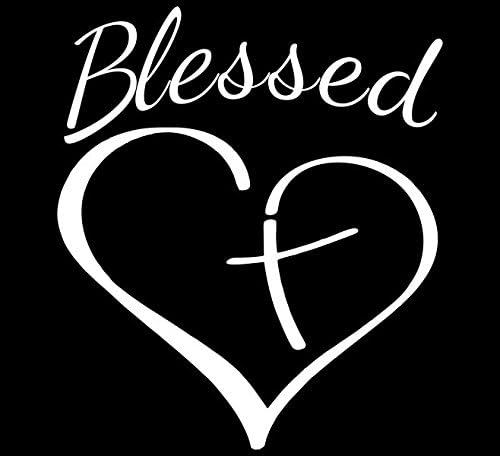 Decaltor Blessed Cross and Heart Christian Vinyl Decal Sticker - White, 5.5 x 4.5 Inch - Waterproof Weatherproof Graphic for Car Windows, Trucks, Laptops, and Walls - Made in USA